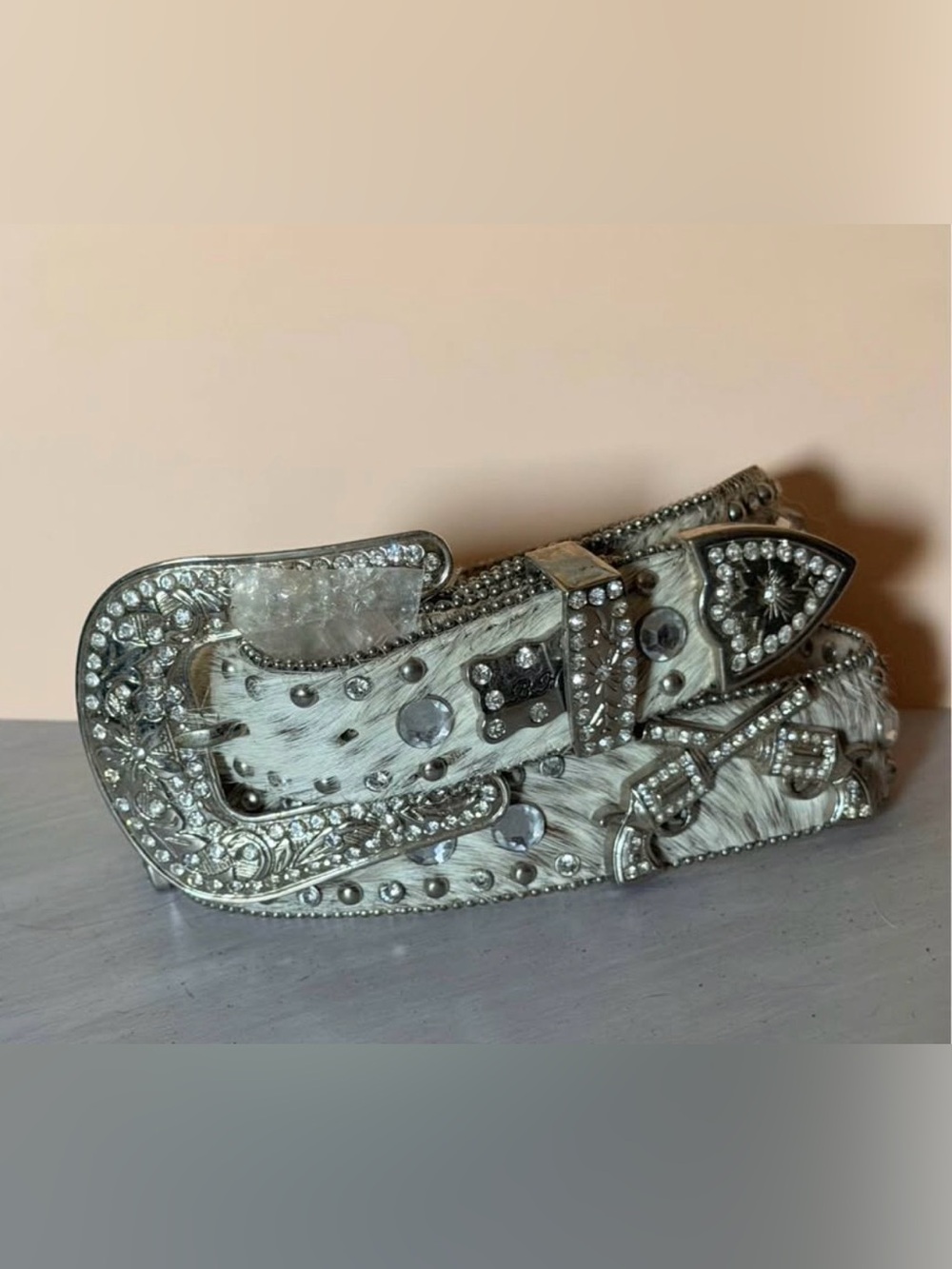 Tan white cowhide rhinestone gunslinger pistols western bling belt large
